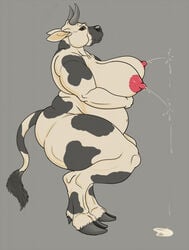 anthro areola big_areola big_breasts bodily_fluids bovid bovine breasts cattle female furry horns lactating lactation mammal overweight snakedakyoot solo thick_thighs