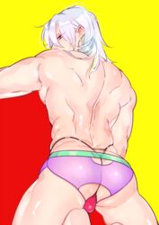 ambush_(trap) ass back_muscles back_view bulge demon_slayer hair_down kimetsu_no_yaiba kyu_717 looking_at_viewer looking_back male male_only muscular muscular_male silver_hair solo thong translucent_underwear underwear uzui_tengen yellow_background