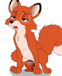 bedroom_eyes bodily_fluids canid canine crouching cum dildo dildo_sitting disney female feral fox genital_fluids genitals hi_res mammal masturbation narrowed_eyes open_mouth orgasm_face penetration pussy seductive sex_toy skateryena solo the_fox_and_the_hound toy vixey