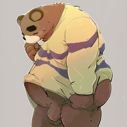 1:1 2020 animal_crossing anthro balls big_penis blush brown_body brown_fur closed_eyes clothing dumdum erection fur genitals hi_res humanoid_hands kemono male male_only mammal nintendo overweight overweight_male penis shirt simple_background solo teddy_(animal_crossing) topwear ursid video_games