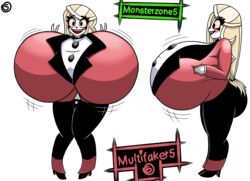 1girls big_breasts blonde_hair charlie_morningstar_(hazbin_hotel) demon demon_girl demoness female gigantic_breasts hazbin_hotel huge_breasts hyper hyper_breasts jumping monster_girl pose smiling smiling_at_viewer smooth_skin solo suit top_heavy tuxedo valerya5 vivienne_medrano white_background