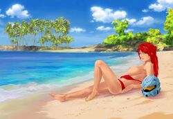 beach carolina green_eyes helmet ivanwind red_hair red_vs_blue tropical_vacation