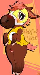 animal_crossing anthro bloodymascarade clothed clothing clothing_lift dialogue embarrassed embarrassed_nude_exposure equid equine female genitals hi_res horse looking_at_viewer mammal nintendo pony presenting presenting_pussy pussy shirt shirt_lift solo talking_to_viewer topwear victoria_(animal_crossing) video_games