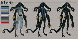 1_eye 2:1 2_toes 4_fingers absurd_res alien ben_10 black_body blue_clothing blue_scar breasts cartoon_network clothed clothing conductoid digitigrade diode_(lumen_fox) electrical_plug electrical_plug_tail facial_scar feet female fingers fully_clothed genitals gloves grey_clothing handwear hi_res lumen_fox model_sheet nipples not_furry nude plumber_(ben_10) scar sketch tail tendrils text toes vulva