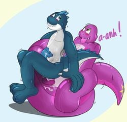 animate_inanimate anthro blush bodily_fluids chair cum dinosaur duo furniture genital_fluids genitals hi_res inflatable inflatable_chair kanjojolteon living_inflatable male male/male penis pool_toy reptile scalie simple_background skipper smile theropod tyrannosaurid tyrannosaurus tyrannosaurus_rex zoran