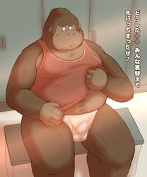 2016 anthro ape belly bulge clothing detailed_background genitals gorilla haplorhine hi_res humanoid_hands japanese_text kemono male male_only mammal outline overweight overweight_male penis primate ruco shirt sitting solo text topwear underwear