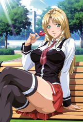 1girls academy_uniform_(bible_black) accurate_art_style ai_generated arm_support ass ass_bigger_than_head ass_support bench bible_black big_breasts blonde_hair blue_sky blush bottom_heavy breasts candy city_background clothing crossed_legs day drill_sidelocks earrings enigmata female female_focus female_only flirting flirting_with_viewer food fully_clothed green_eyes hi_res high_resolution highres holding_object long_hair looking_at_viewer necktie outdoors park pinup pleated_skirt road school_uniform schoolgirl seducing seducing_viewer shiny_skin shiraki_rika sidelocks sitting skirt smile solo solo_focus source_request stockings student_council_president suspenders teasing teasing_viewer teenage_female teenager thick_ass thick_thighs thighhighs thighs very_long_hair vest viewed_from_below voluptuous