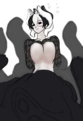 big_breasts black_and_white_hair black_eyes body_markings cleavage covering_breasts covering_self expressionless female female_only hair_between_eyes made_in_abyss octopus_girl ozen ozen_kanojo pale-skinned_female pale_skin short_hair solo tentacle_hair two-tone_hair underboob