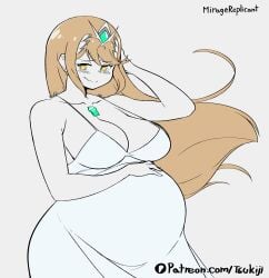 big_breasts blonde_hair blush cleavage dress female female_only hair_ornament huge_belly long_hair looking_at_viewer maternity_clothes maternity_dress mythra pale-skinned_female pale_skin pregnant ready_to_pop smile sundress tsukiji xenoblade_(series) xenoblade_chronicles yellow_eyes