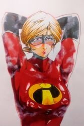 1girls absurd_res armpits blush breasts brown_hair disney domino_mask elastigirl female helen_parr looking_at_viewer musk nipples nipples_visible_through_clothing pixar simple_background smell smooth_skin superheroine sweat the_incredibles traditional_media_(artwork) zizi_(artist)