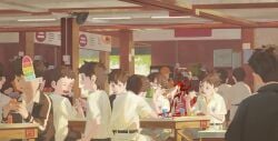 6+boys :i absurdres belt black_hair blood blood_on_body blood_on_face cafeteria cannibalism chinese_commentary commentary_request eating electric_fan feeding food fork glasses guro highres horror_(theme) illusion_cake indoors jacket mayozom multiple_boys no_eyes open_mouth original round_eyewear school_uniform see-through_body shirt shirt_tucked_in short_hair short_sleeves stomach_(organ) table white_shirt