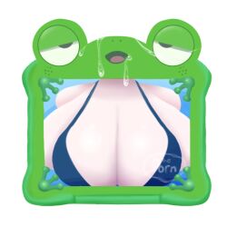 ahe_gao amphibian bikini blue_swimsuit blush breasts cleavage clothed clothing cum disney english_text female frog green_body green_skin half-closed_eyes huge_breasts humanoid humor large_breasts lilypad_(toy_story) looking_at_viewer melonmiloc meme nipples_visible_through_clothing objectification open_mouth pixar saliva screen simple_background solo sweat swimsuit tablet text tongue toy_story toy_story_5 watermark white_background