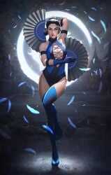 1girls 2024 absurd_res absurdres armpit artist_signature black_hair cleavage cleavage_cutout clothed dalejomej dated dressed female female_only gloves grey_eyes holding_object holding_weapon kitana kitana_(mk11) leotard looking_at_viewer midway midway_games mortal_kombat mortal_kombat_11 posing solo solo_female source_request standing standing_on_one_leg thigh_boots thighhighs