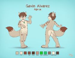 2019 4_toes 5_fingers anthro ass backsack balls canid canine claws dipstick_tail english_text eyewear fingers flaccid fox fur gavin_alvarez genitals glasses hair hi_res humanoid_hands iztli male mammal model_sheet multicolored_tail open_mouth penis perineum solo tan_body tan_fur teeth text toe_claws toes young