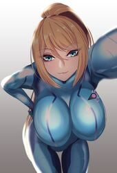 1girls :3 alternate_breast_size arm_up big_breasts blonde_hair blue_eyes bodysuit breasts clothing eye_contact eyebrows_visible_through_hair eyelashes_visible_through_hair female female_only femdom half-closed_eyes hand_on_hip huge_breasts kabedon large_breasts long_hair looking_at_viewer metroid nintendo pinning ponytail pose pov pov_eye_contact samus_aran seductive size_difference smile solo solo_female solo_focus standing suit thigh_gap thighs uniform volyz wide_hips zero_suit zero_suit_samus