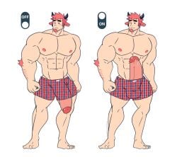 1boy abs animal_ears arm_hair bara biceps boxer broad_shoulders calves commentary covered_testicles cow_boy cow_ears cow_horns cravingwarn facial_hair goatee groin highres horns huge_penis large_pectorals male_focus multiple_views muscular muscular_arms muscular_male navel nipples original pectorals penis penis_out pink_hair precum precum_drip raised_eyebrows simple_background smile striped_blush stubble thick_eyebrows thick_thighs thighs untranslatable_commentary v-taper warncraving white_background