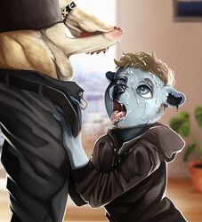 anthro bodily_fluids cum cum_on_face fan_character felid feline foreskin genital_fluids genitals hi_res humanoid_genitalia humanoid_penis lutrine lynx male male/male mammal mustelid noitro open_mouth penis