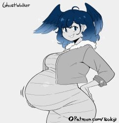 big_breasts blue_eyes blue_hair cropped_jacket dress female female_only fully_clothed hair_wings hand_on_hip holding_belly huge_belly looking_at_viewer maternity_clothes maternity_dress medium_hair original original_character pregnant ready_to_pop smile solo spot_color super_belly tsukiji wavy_hair wings wings_on_head