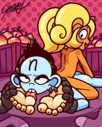4:5 5_toes accessory activision anthro ass bandicoot black_eyeliner black_hair blonde_hair blue_body blue_skin blush breasts buckteeth coco_bandicoot crash_(series) crate detailed_background duo ear_piercing eyebrows eyelashes eyeliner eyeshadow feet female female/female flat_chested food foot_fetish foot_focus foot_lick freckles fruit fur glistening glistening_butt glistening_feet hair hair_accessory hi_res human humanoid_feet licking looking_back looking_pleasured makeup mammal marsupial nina_cortex nude orange_body orange_fur piercing plant plantigrade ponytail sharp_teeth side_boob smile smokey_the_menish teeth toes tongue tongue_out wumpa_fruit