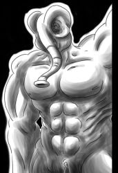 abella_(fear_and_hunger) black_and_white black_background body_horror breasts_out chaugnar_(fear_and_hunger) elephant elephant_humanoid elephantid fanart fear_and_hunger fear_and_hunger:_termina female gatorsnakes masculine masculine_female masculinity monster monster_girl moonscorched muscle_mommy muscular muscular_anthro muscular_arms muscular_female muscular_legs muscular_thighs no_breasts pussy pussy_lips pussy_peek tomboy trunk trunk_(anatomy)