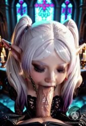 1boy ai_generated ai_video alberist audio bare_shoulders black_clothing candle cathedral choker church cum cum_in_mouth cum_inside deepthroat earrings elf elf_ears eyeshadow fake_art fellatio female frieren goth gradient_hair green_eyes hand_on_head headpat headpat_during_blowjob jewelry lace_trim large_penis lavender_hair looking_at_viewer makeup mascara moaning moaning_on_cock narrow_waist oral oral_sex pov purple_hair skirt small_breasts sousou_no_frieren tagme thick_lips twintails video white_hair