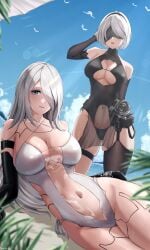 2girls :o absurdres android beach bird black_blindfold black_hairband black_one-piece_swimsuit blindfold blue_eyes blue_sky breasts covered_navel curvy day hair_over_one_eye hairband highleg highleg_one-piece_swimsuit highres large_breasts long_hair looking_at_viewer mole mole_under_mouth multiple_girls navel nier:_automata nier_(series) ocean official_alternate_costume one-piece_swimsuit open_mouth outdoors shiny_skin short_hair shupita sky swimsuit thong very_long_hair white_hair white_one-piece_swimsuit wide_hips yorha_2b yorha_a2