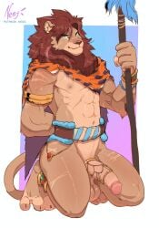 absurd_res accessory anklet anthro armlet brown_hair cock_ring ear_piercing ear_ring erection felid front_view fur genitals glans hair hi_res holding_melee_weapon holding_object holding_polearm holding_spear holding_weapon humanoid_genitalia humanoid_penis jewelry kneeling lion looking_at_viewer male mammal mane melee_weapon muscular muscular_anthro muscular_male negy pantherine penis penis_accessory penis_jewelry piercing polearm ring_piercing solo spear tail tan_body tan_fur tribal waistband weapon
