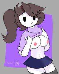 1girls belly_button breasts brown_hair exposed_breasts eyebrows_visible_through_hair female foxz0ne jaiden jaiden_animations jaidenanimations looking_at_viewer navel nipples pink_nipples purple_sweater shirt_lift signature simple_background skirt smug solo solo_female solo_focus sweater thighhighs thighs white_skin youtube