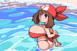 1girls aged_up alternate_breast_size armpits ass bandana beach bikini blue_background blue_eyes breasts brown_hair bursting_breasts butt_crack cleavage eye_contact female female_only huge_breasts human large_breasts looking_at_viewer looking_back may_(pokemon) nintendo outdoors pixel_art plantpenetrator pokemon pokemon_rse red_bikini standing thick_thighs thong water