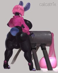 anthro balls big_balls big_breasts big_butt big_penis biped blue_body bodily_fluids bodysuit breasts breeding_mount bulge butt calcatrix clothed clothing condom condom_suit cum detailed_bulge digital_media_(artwork) ejaculation erection excessive_cum excessive_genital_fluids feet filled_condom fur genital_fluids genital_outline genitals glistening glistening_clothing grey_background gynomorph hair hair_over_eyes hi_res huge_balls huge_breasts huge_butt huge_penis hyper hyper_genitalia hyper_penis intersex lagomorph latex latex_clothing latex_skinsuit leporid machine mammal penetrable_sex_toy penile penis pink_hair rabbit rear_view sex_toy sexual_barrier_device short_hair simple_background skinsuit solo standing tail thick_thighs tight_clothing topwear wearing_condom wide_hips