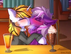 alcohol bat_pony blush cafe closed_eyes cocktail cocktail_straw coffee commission couch curtains drink female food french_kiss friendship_is_magic glass goblet horn indoors kiss_on_the_lips kissing male mare mlp_g4 my_little_pony oc pony shipping sitting stallion straight sunset table unicorn whipped_cream yuris_(artist)