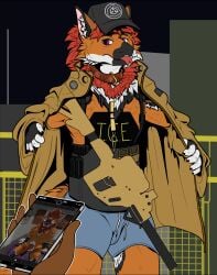 absurd_res anthro argotronics armor bondage bound canid canine clothing collar dragon femboy fur furred_dragon furred_scalie gag gold_(metal) gun hat headgear headwear hi_res hybrid immigration_and_customs_enforcement kidnapping knot kriss_vector male mammal maned_wolf mythological_creature mythological_scalie mythology orange_body orange_fur purple_eyes ranged_weapon red_body red_fur ring_gag ryzil sajii scalie scp_foundation sex_toy small_bulge solo submachine_gun tongue tongue_out unfinished weapon