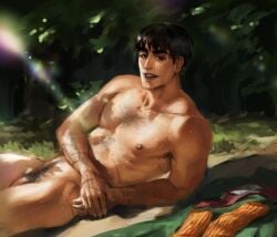 1boy annas_anya arm_hair black_eyes black_hair chest_hair commentary covered_navel english_commentary green_shirt highres leg_warmers legs lens_flare lips looking_at_viewer lying male_focus male_only male_pubic_hair multiple_scars muscular muscular_male naruto_(series) navel nipples nose on_back open_mouth orange_leg_warmers outdoors pectorals penis pubic_hair rock_lee scar shirt short_hair solo stomach teeth thick_eyebrows thighs wet