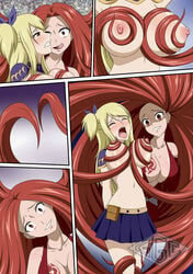 blonde_hair breasts erect_nipples fairy_tail female flare_corona ggc hair lucy_heartfilia rape red_eyes red_hair squeezing_breast tentacle yellow_eyes yuri