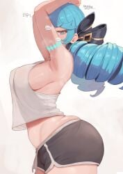 arched_back armpits arms_up ass blue_eyes blue_hair casual_clothes drill_hair female female_only gwen_(league_of_legends) hair_ribbon kim_somang korean_text large_breasts league_of_legends long_hair looking_at_viewer midriff navel short_shorts shorts sideboob simple_background solo translation_request white_background white_shirt