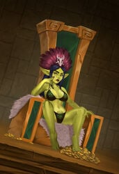 1girls barefoot big_lips bikini blizzard_entertainment breasts clothed curvy dutch_angle fantasy feet female female_only front_view frown full_body goblin goblin_female gold_coins green_eyes hat headdress holymeh humanoid indoors large_breasts leaning_on_elbow lipstick long_ears long_hair midriff navel pointy_ears pubic_tattoo purple_hair sitting solo solo_female spread_legs tattoo throne toes treasure warcraft world_of_warcraft