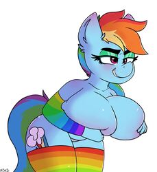 1girls anthro anthrofied big_breasts blush breasts cleavage covering_breasts eyeshadow female female_only friendship_is_magic furry half-closed_eyes makeup my_little_pony rainbow_dash_(mlp) rainbow_stockings slightly_chubby smile solo stockings straight_hair themimic thighhighs white_background