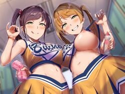 2girls :d :p :q aoi_tiduru areolae arm_around_waist artificial_vagina asymmetrical_docking bangle bare_arms bare_belly bare_breasts bare_hands bare_shoulder bare_shoulders bare_stomach belly big_breasts black_hair blonde blonde_female blonde_hair blonde_hair_female blurry blurry_background blush bottle bracelet bracelets breast_press breasts breasts_out breasts_press breasts_pressed_together brown_hair ceiling_light cheerleader cheerleader_outfit cheerleader_uniform closed_mouth clothes_lift clothes_writing crop_top depth_of_field eyebrows_visible_through_hair fellatio_gesture female female_focus female_only femdom flashing from_below green_eye green_eyes green_eyes_female grin hair_ornament handjob_gesture highres holding holding_bottle holding_object hourglass_figure huge_breast imminent_rape indoor indoors jewelry large_breasts licking licking_lips lifted_by_self lifted_clothing lifted_shirt lifted_top lifting locker locker_room long_hair looking_at_viewer looking_down looking_down_at_viewer low_angle low_angle_view lube massive_breasts midriff multiple_females multiple_girls navel nipple_slip nipples no_bra one_breast_out open_mouth orange_skirt original ornament ornaments pointy_chin pov raised_clothing raised_shirt raised_topwear school_uniform seductive sex_toy shiny_skin shirt shirt_lift side_ponytail skirt sleeveless sleeveless_shirt smile smile_at_viewer smiley_face source_request stomach swept_bangs teasing teeth teeth_clenched teeth_showing tongue tongue_out twintails twintails_(hairstyle) white_teeth woman yellow_skirt