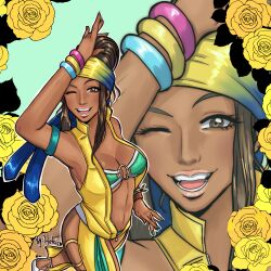 1girls big_ass big_breasts bikini boob_window brown_eyes brown_hair busty curvy dancer dark-skinned_female dark_skin hairband helsic king_of_fighters large_breasts long_hair looking_at_viewer open_mouth panties ring smiley_face smiling standing tan tan_skin thick thick_thighs thighs wide_hips zarina_(kof)