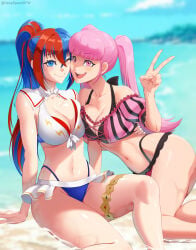 2girls alear_(female)_(seaside_dragon)_(fire_emblem) alear_(fire_emblem) alear_(fire_emblem)_(female) artist_name artist_request bangs beach bikini blue_eyes blue_sky blurry breasts cleavage closed_mouth day fire_emblem fire_emblem_engage fire_emblem_heroes hilda_valentine_goneril hilda_valentine_goneril_(summer) large_breasts long_hair looking_at_viewer multiple_girls navel nintendo one_eye_closed open_mouth outdoors pink_eyes pink_hair ponytail sitting smile swimsuit twintails v water watermark white_bikini