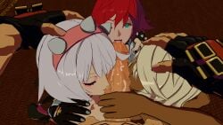 1boy 3girls blowjob cum_in_mouth drool_string elphelt_valentine family_sex foursome guilty_gear guilty_gear_strive head_grab jack-o'_valentine kissing_penis lolikill ramlethal_valentine sol_badguy teamwork tongue_out