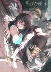 1girls arched_back ass ass_up big_ass big_breasts black_hair cleavage clenched_teeth cross cross_necklace female female_focus fit fit_female girls_zombie_party glaring grey_skin hair_between_eyes heavenly_ass high_resolution highres hugging_leg katana kojima_takeshi large_breasts leg_grab leg_hold leg_hug light-skinned_female light_skin long_hair looking_back mitsurugi_saya monster monster_boy multiple_boys nipple_slip nipples pantyhose red_eyes slim_waist sword tentacle torn_clothes torn_pantyhose veins veiny_tentacles zombie zombie_boy