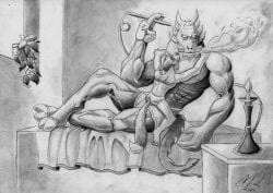 bedroom black_and_white canine dragon dragon_humanoid furry holten hookah hugging jackie_chan_adventures laying_on_bed maxx777 monochrome muscular muscular_anthro muscular_male no_sex oc partial_nudity pencil_(artwork) radon relaxed scalie shendu size_difference smoking thin thin_male wholesome wholesome_nudity