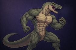 abs ai_generated anthro athletic athletic_anthro athletic_male biceps claws dinosaur dromaeosaurid growth jurassic_park male muscle_growth muscular muscular_anthro muscular_arms muscular_male nude pecs reptile scalie solo standing tail teeth theropod transformation triceps veiny_muscles velociraptor yellow_eyes