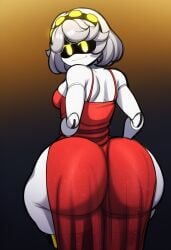 1girls ai ai_generated ass ass_focus back_view behind_view big_ass big_butt bubble_ass bubble_butt dress female female_focus female_only looking_at_viewer murder_drones novelai red_dress solo thick_thighs v_(murder_drones)