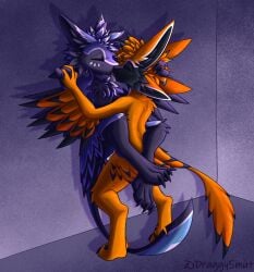 against_surface against_wall alley alley_sex anal anal_sex anthro anus avali barely_visible_genitalia barely_visible_penis biped black_body black_fur bodily_fluids chest_tuft claws closed_eyes digital_drawing_(artwork) digital_media_(artwork) draggyavali duo erection facial_markings feathers fluffy fur genitals head_grab head_markings hi_res kissing legs_around_partner male male/male markings multi_ear nude orange_body orange_fur outside paws penetration penis pinned pinned_to_wall public public_sex purple_body purple_fur saliva sex signature slim stand_and_carry_position standing standing_sex tuft