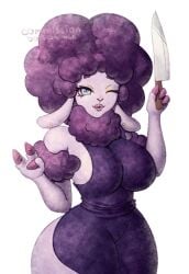 animal_humanoid anthro apron apron_only ass big_breasts big_butt blue_apron blue_clothing blue_eyes bovid bovid_humanoid breasts caprine caprine_humanoid closed_smile clothing ear_piercing ear_ring eyelashes female fur gesture gold_ear_ring hi_res hooves humanoid knife lips lipstick makeup mammal mammal_humanoid metal mouth_closed one_eye_closed piercing pink_nose pouting purple_body purple_fur purple_hooves purple_lips purple_lipstick purple_wool ring_piercing rispi sheep sheep_humanoid simple_background smile smiley_face smiling_at_viewer solo tight_clothing waving white_background wide_hips wool_(fur) wool_hair