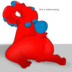 1:1 anthro anus ass balls candy dessert embarrassed_expression food food_creature fur genitals gummy_(food) gummy_creature hi_res living_candy male multicolored_body multicolored_fur nakeilyar presenting presenting_hindquarters solo tail text wilt_(nakeilyar)