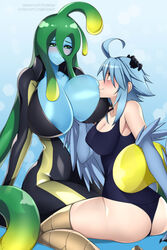 2girls alternate_breast_size blue_hair bodysuit digital_media_(artwork) female female_only green_hair harpy huge_breasts lindaroze milf monster_girl monster_musume_no_iru_nichijou multiple_girls papi_(monster_musume) slime slime_girl suu_(monster_musume) swimsuit tagme yuri