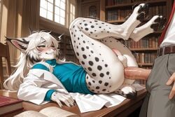 4anal ai_generated anal_sex anthro anthro_penetrated blue_clothing bodily_fluids bookshelf clothing duo embarrassed felid feline fur furniture genital_fluids genitals givememomenttosleep green_eyes hair hi_res human human_on_anthro human_penetrating human_penetrating_anthro interspecies legs_up library lynx male male/male mammal on_table pawpads paws penetration penis sex short_tail small_penis smile sweater table tail topwear white_body white_fur white_hair